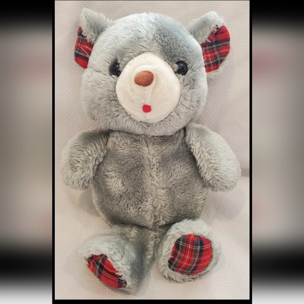 Vintage Rare Christmas Mouse with Red Plaid Embellished Ears and Feet Felt Mouth